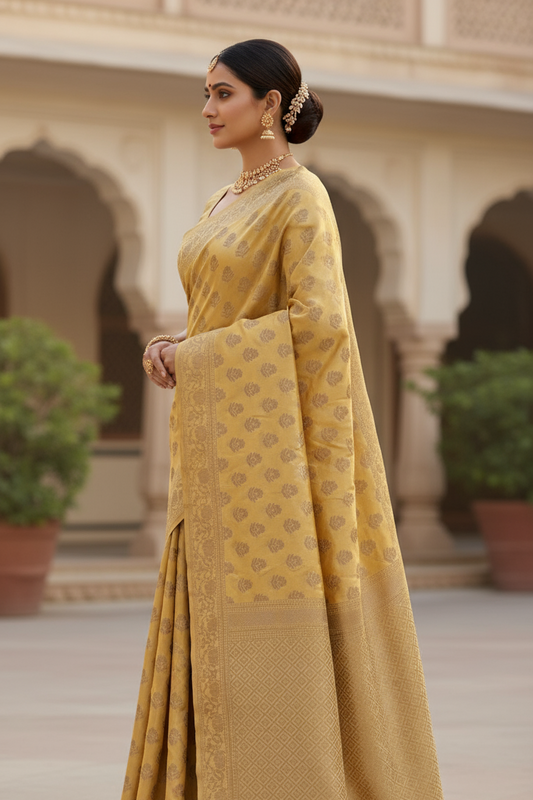 Woman in a golden saree standing in an outdoor setting with architectural elements.