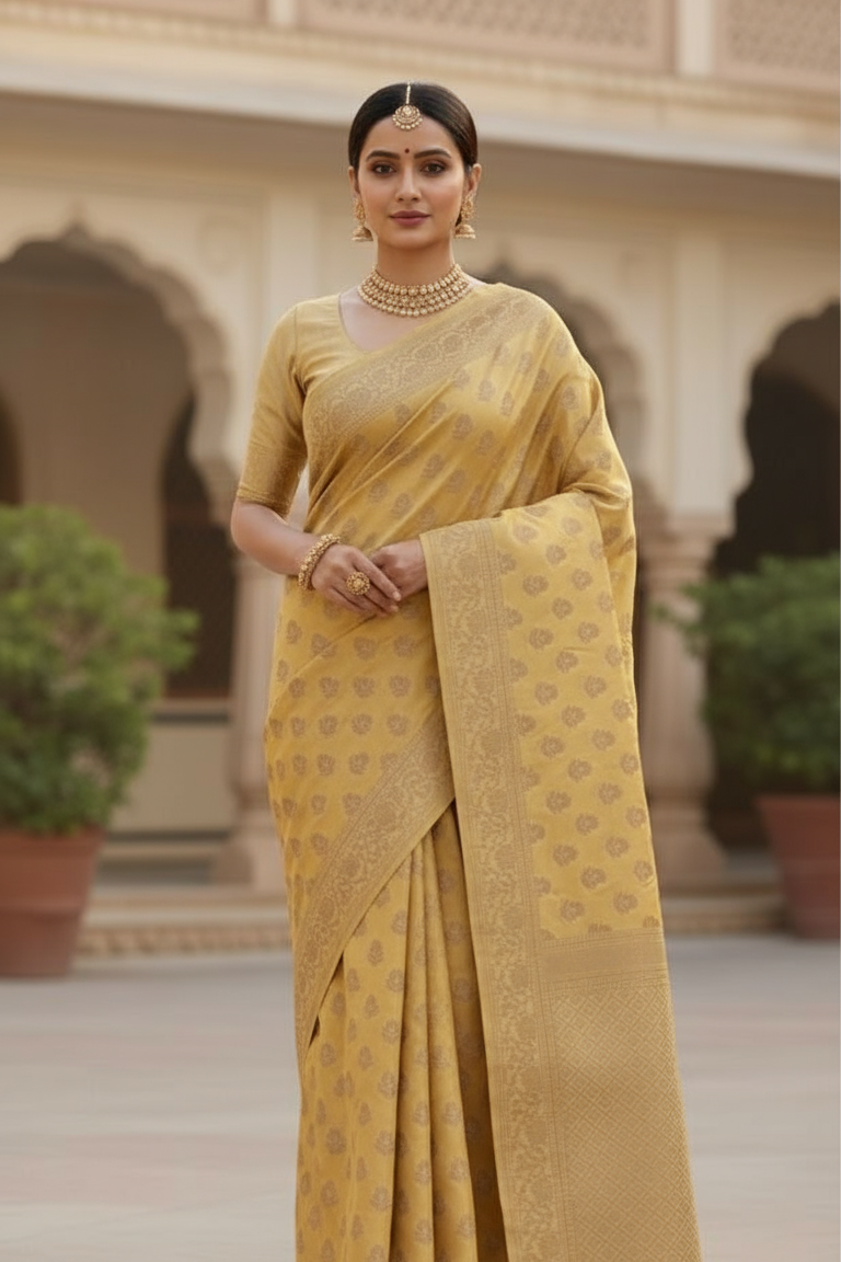 Woman wearing a golden saree with a traditional design outdoors.